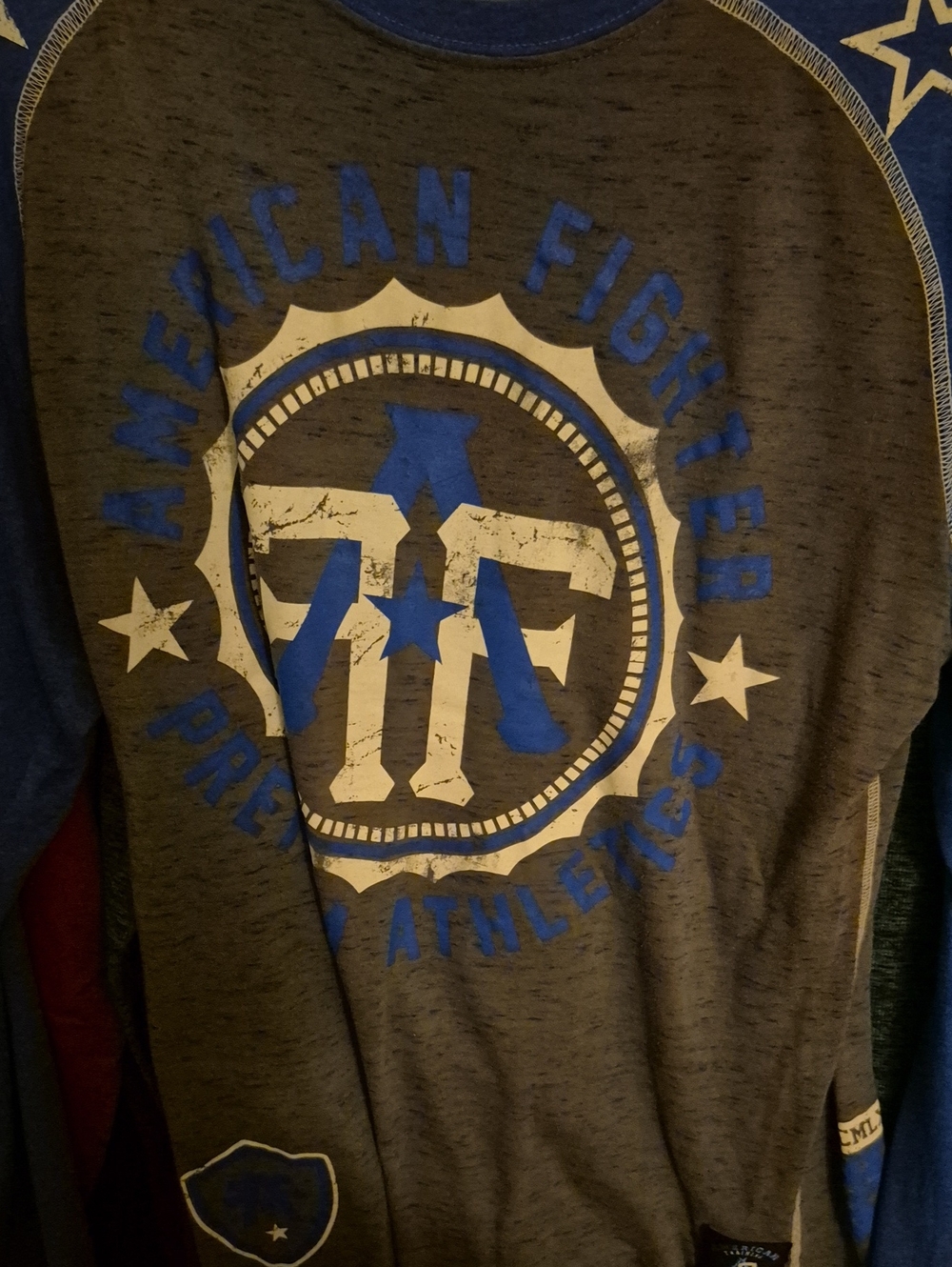 American Fighter Men's Grey and Blue Graphic Long Sleeve Shirt